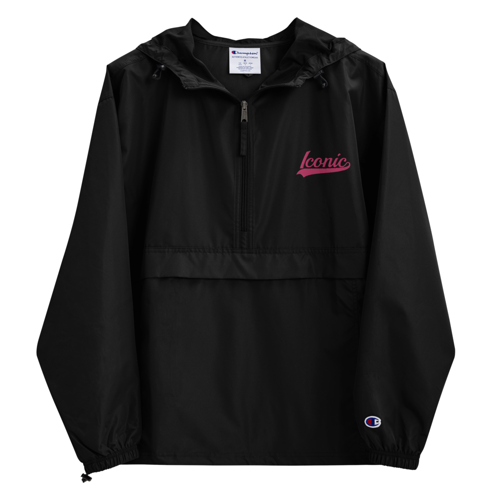 CHAMPION + ROYAL ICONIC. | Embroidered Logo Unisex Hooded Packable Windbreaker Lite Coaches Jacket Black w/ Pretty in Pink Baseball Logo
