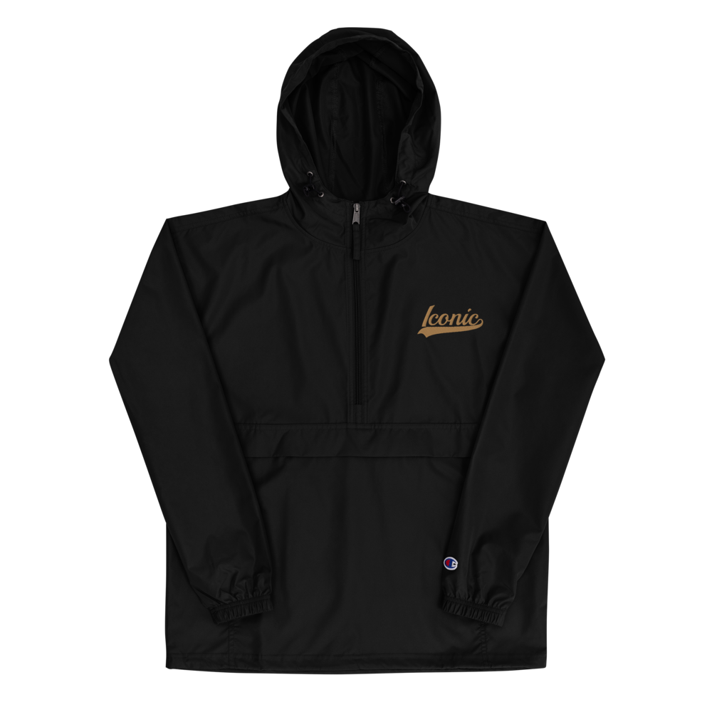 CHAMPION + ROYAL ICONIC. | Embroidered Logo Unisex Hooded Packable Windbreaker Lite Coaches Jacket Black w/ Ol' Gold Peanut Butter Logo