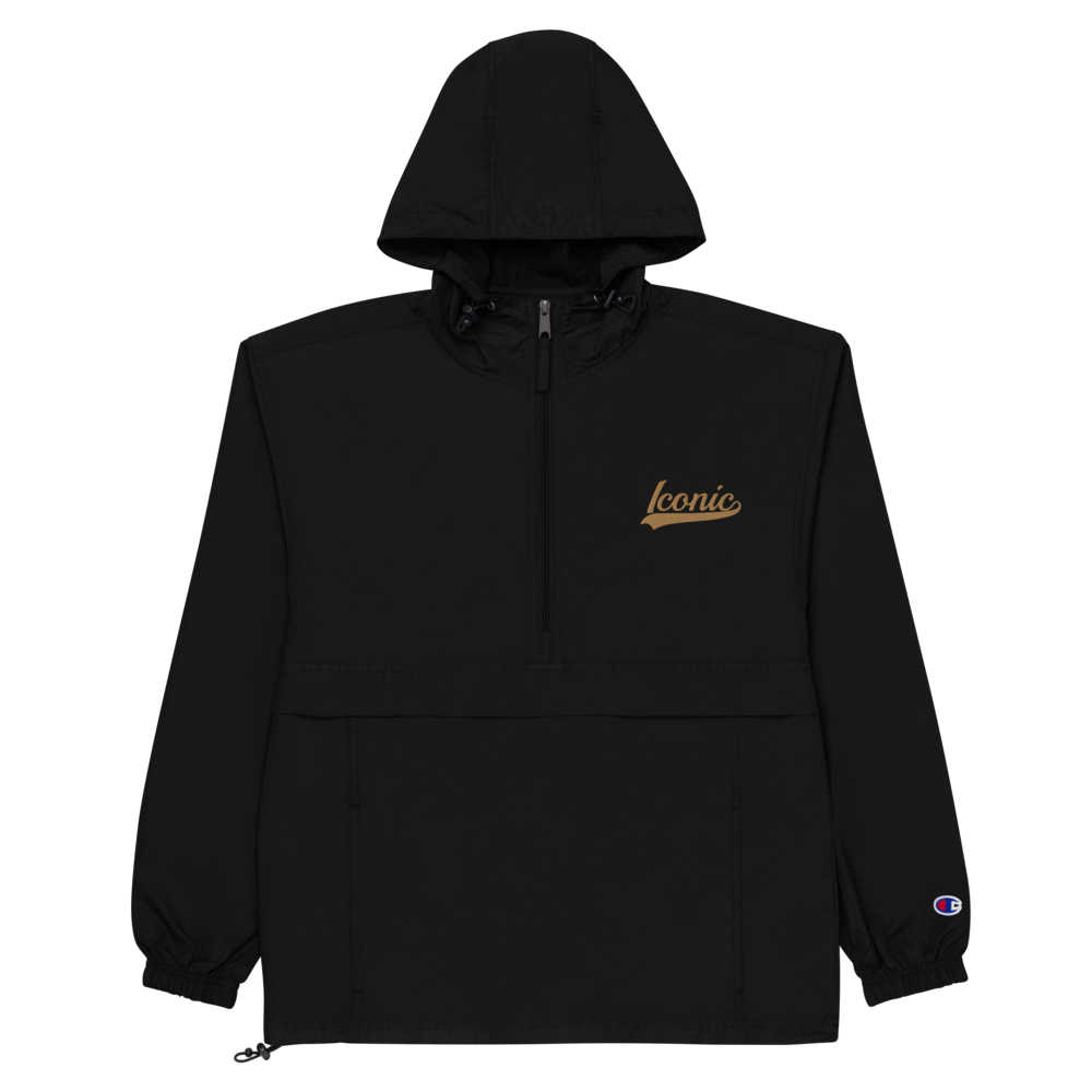 CHAMPION + ROYAL ICONIC. | Embroidered Logo Unisex Hooded Packable Windbreaker Lite Coaches Jacket Black w/ Ol' Gold Peanut Butter Logo