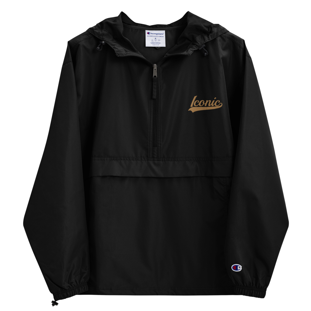 CHAMPION + ROYAL ICONIC. | Embroidered Logo Unisex Hooded Packable Windbreaker Lite Coaches Jacket Black w/ Ol' Gold Peanut Butter Logo