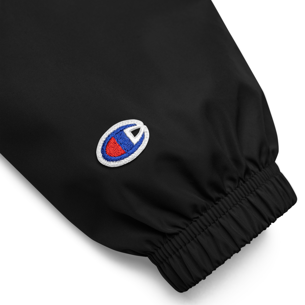 CHAMPION + ROYAL ICONIC. | Embroidered Logo Unisex Hooded Packable Windbreaker Coaches Jacket Black White Logo