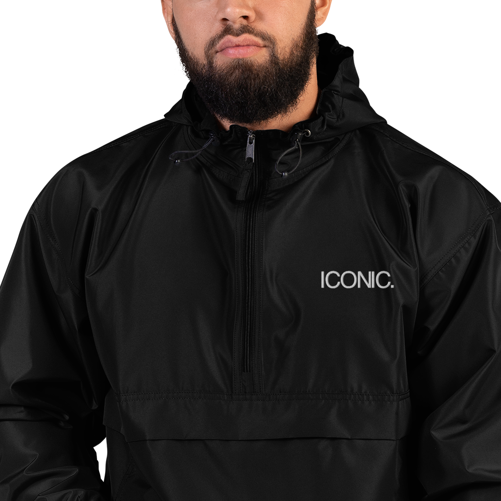 CHAMPION + ROYAL ICONIC. | Embroidered Logo Unisex Hooded Packable Windbreaker Coaches Jacket Black White Logo