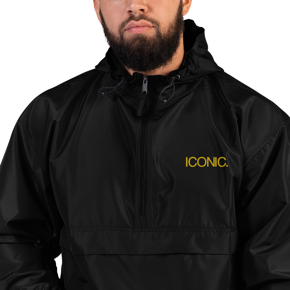 CHAMPION + ROYAL ICONIC. | Embroidered Logo Unisex Hooded Packable Windbreaker Lite Coaches Jacket Black w/ Gold Logo