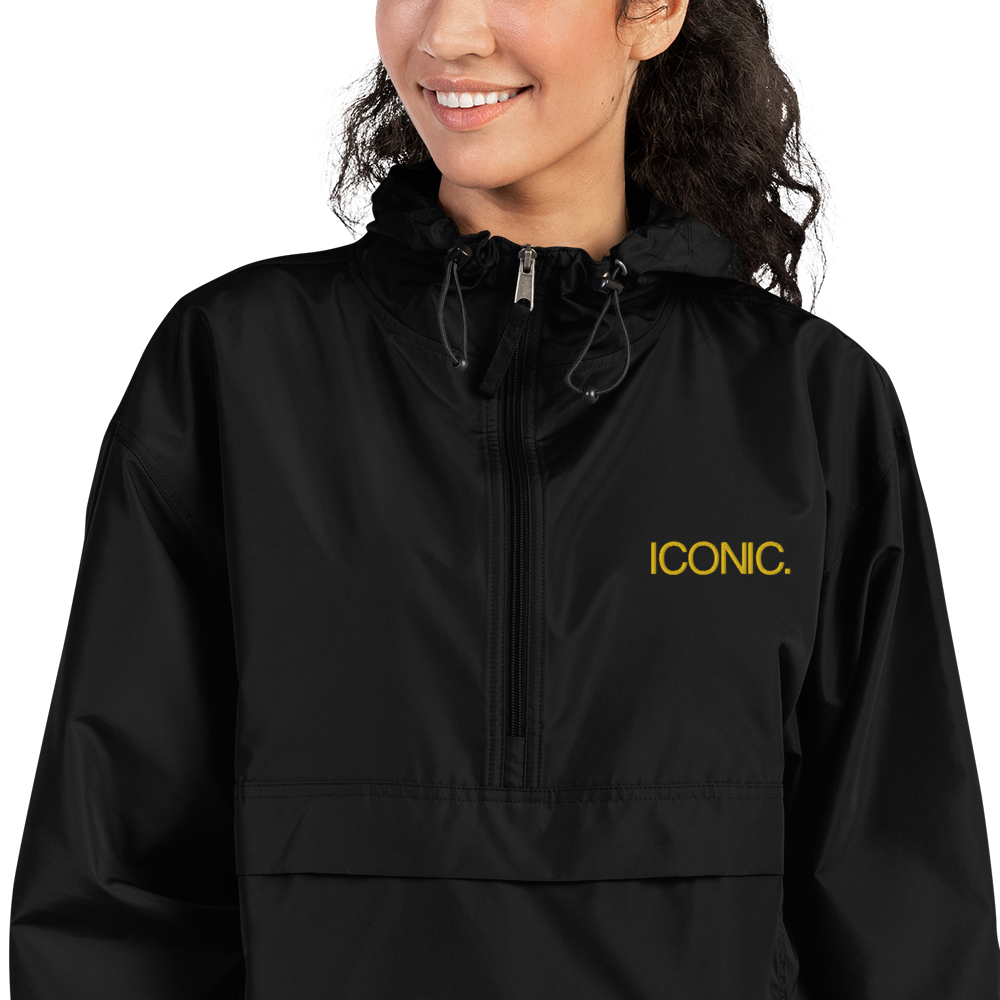 CHAMPION + ROYAL ICONIC. | Embroidered Logo Unisex Hooded Packable Windbreaker Lite Coaches Jacket Black w/ Gold Logo