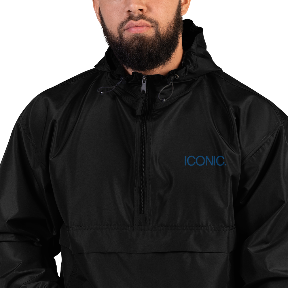 CHAMPION + ROYAL ICONIC. | Embroidered Logo Unisex Hooded Packable Windbreaker Lite Coaches Jacket Black w/ Royal Blue Logo
