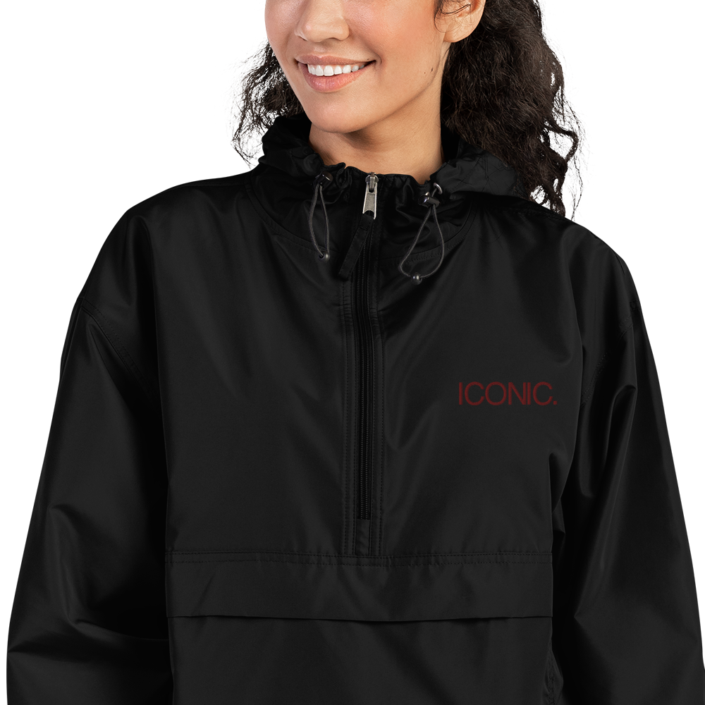 CHAMPION + ROYAL ICONIC. | Embroidered Logo Unisex Hooded Packable Windbreaker Lite Coaches Jacket Black w/ Wine Maroon Logo