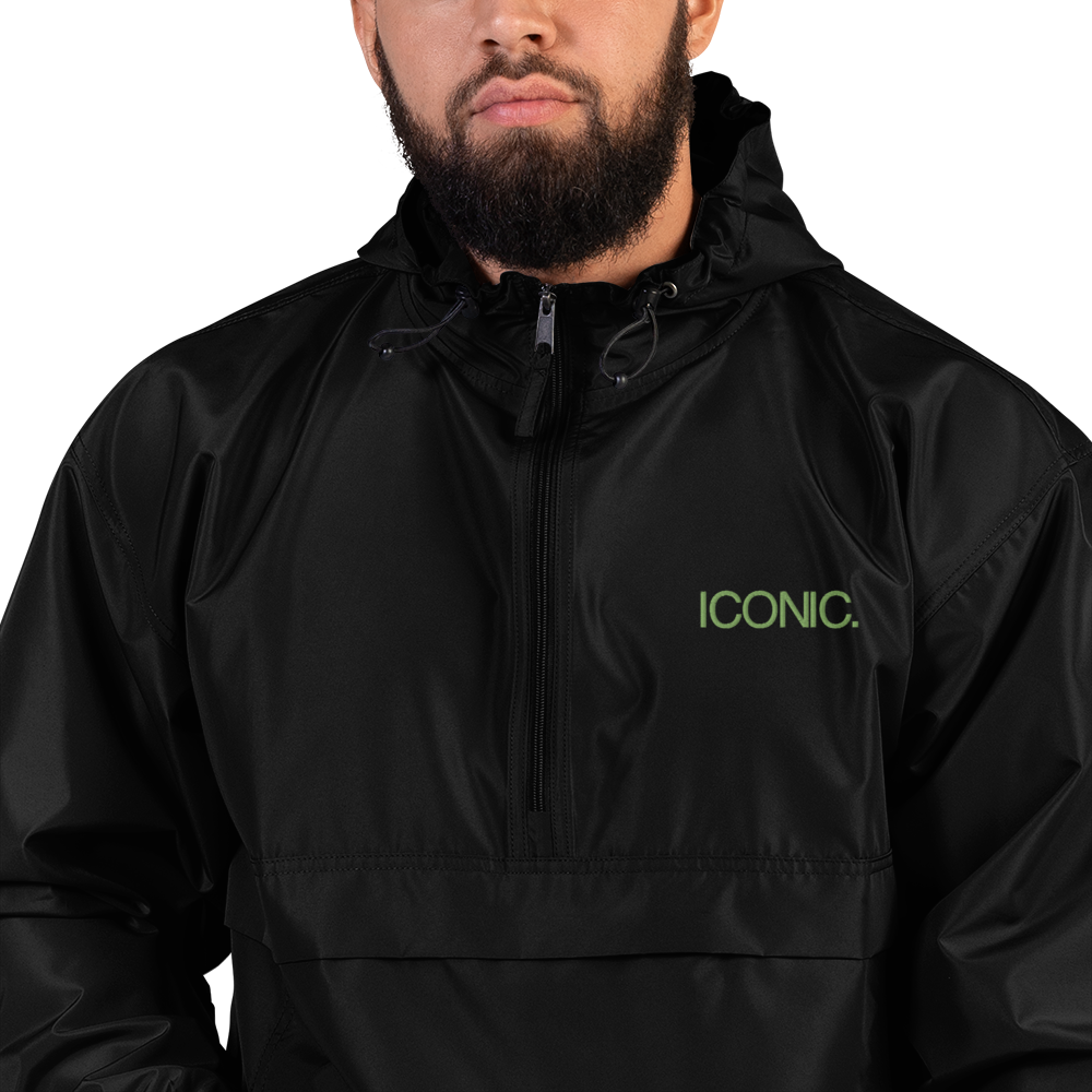 CHAMPION + ROYAL ICONIC. | Embroidered Logo Unisex Hooded Packable Windbreaker Lite Coaches Jacket Black w/ Kiwi Green Logo