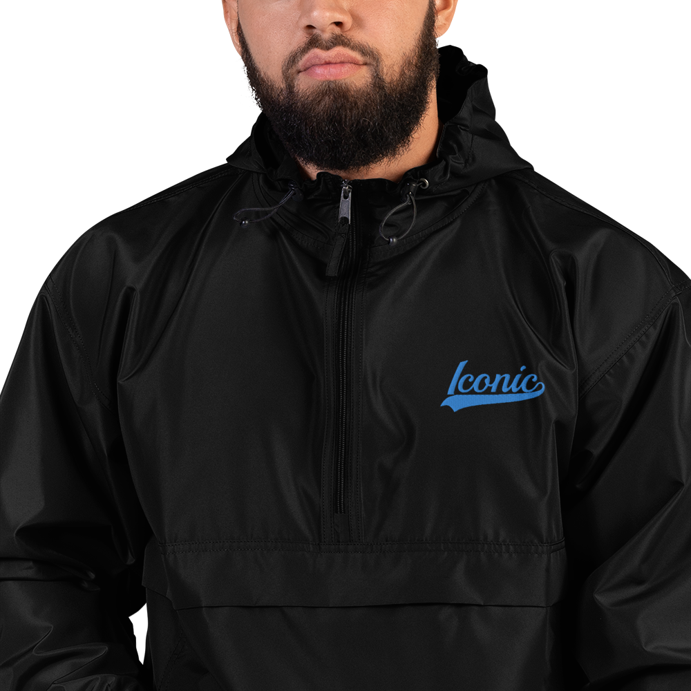 CHAMPION + ROYAL ICONIC. | Embroidered Logo Unisex Hooded Packable Windbreaker Lite Coaches Jacket Black w/ Teal Aqua Retro Baseball Logo