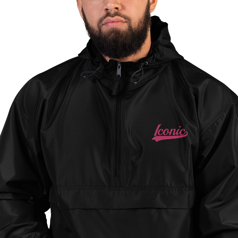 CHAMPION + ROYAL ICONIC. | Embroidered Logo Unisex Hooded Packable Windbreaker Lite Coaches Jacket Black w/ Pretty in Pink Baseball Logo