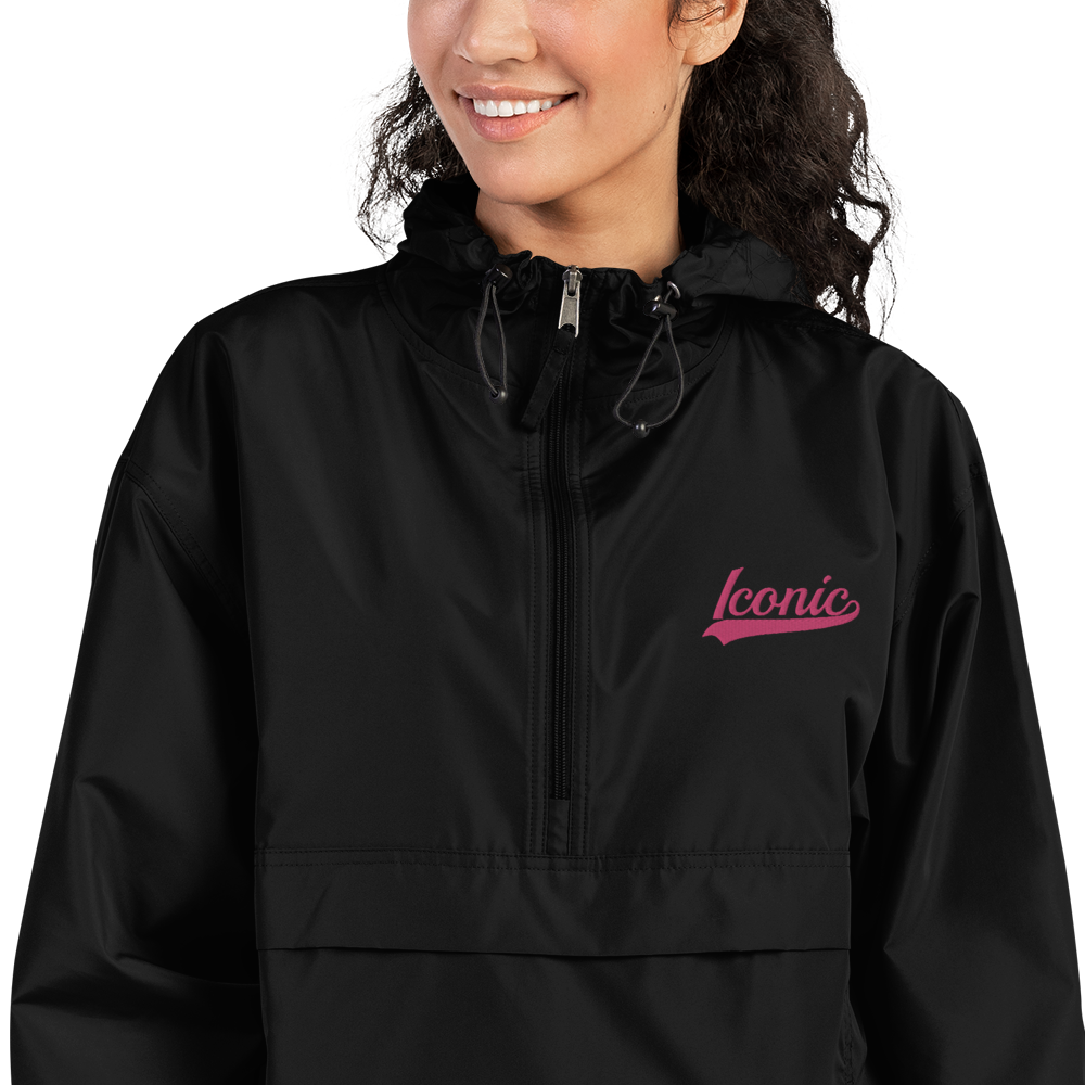 CHAMPION + ROYAL ICONIC. | Embroidered Logo Unisex Hooded Packable Windbreaker Lite Coaches Jacket Black w/ Pretty in Pink Baseball Logo