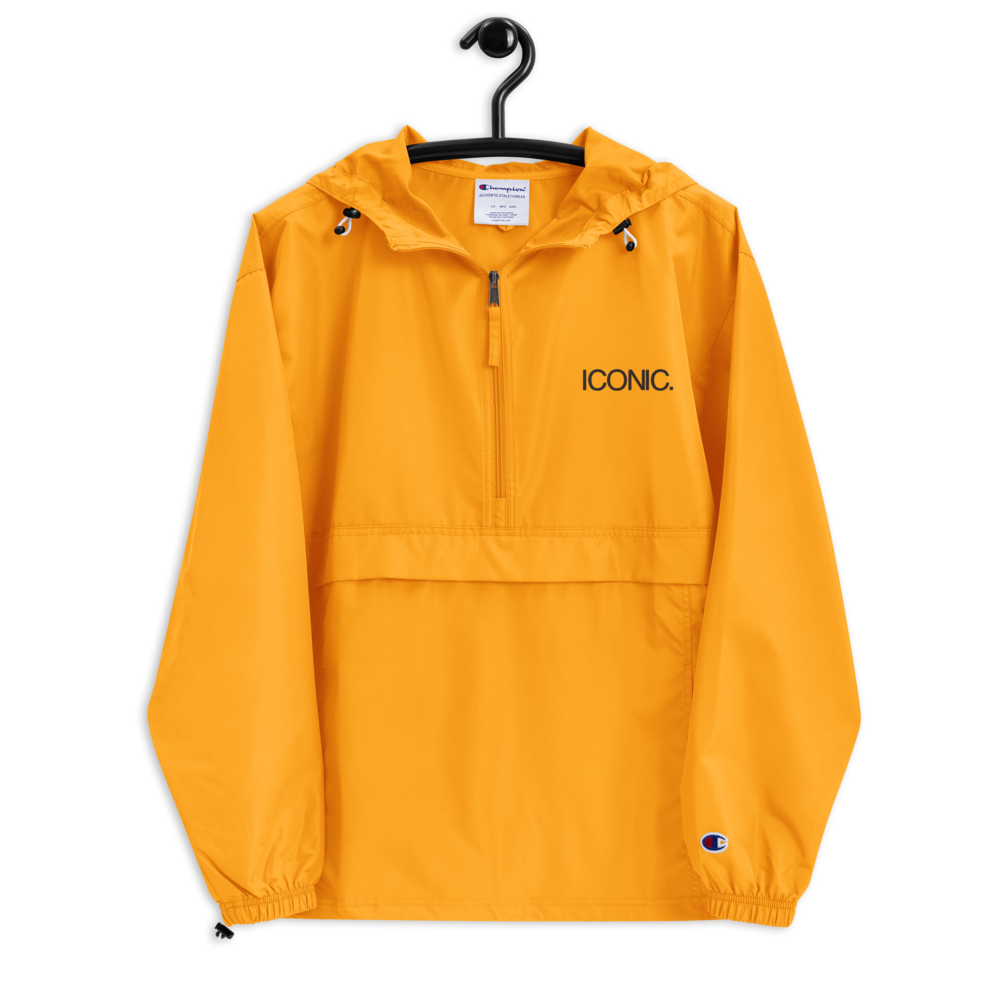 CHAMPION + ROYAL ICONIC. | Embroidered Logo Unisex Hooded Packable Windbreaker Coaches Jacket Gold w/Black Logo
