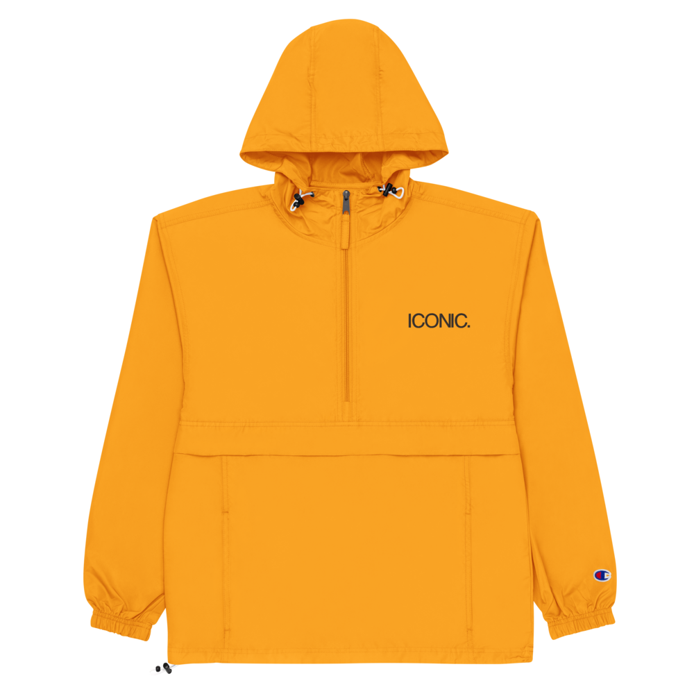 CHAMPION + ROYAL ICONIC. | Embroidered Logo Unisex Hooded Packable Windbreaker Coaches Jacket Gold w/Black Logo
