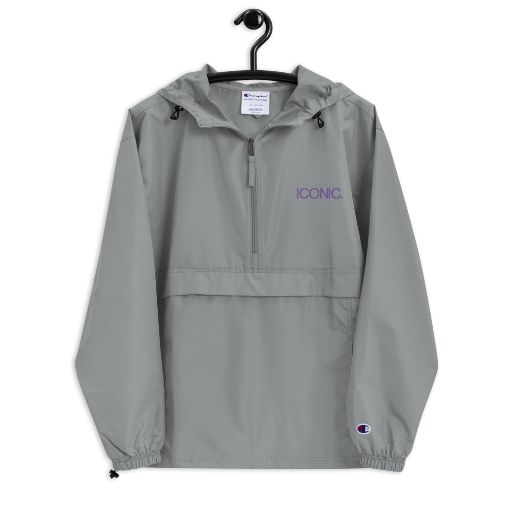 CHAMPION + ROYAL ICONIC. | Embroidered Logo Unisex Hooded Packable Windbreaker Lite Coaches Jacket Graphite Grey w/ Purple Logo