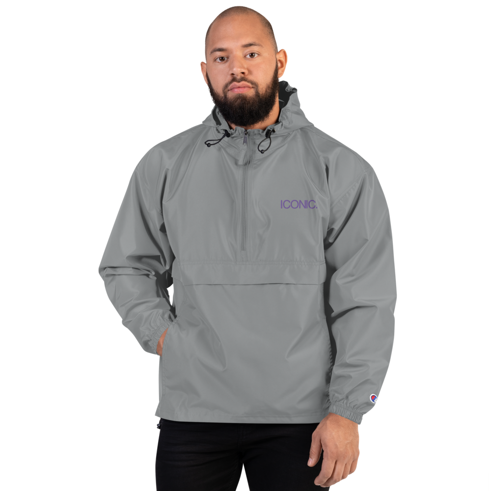 CHAMPION + ROYAL ICONIC. | Embroidered Logo Unisex Hooded Packable Windbreaker Lite Coaches Jacket Graphite Grey w/ Purple Logo