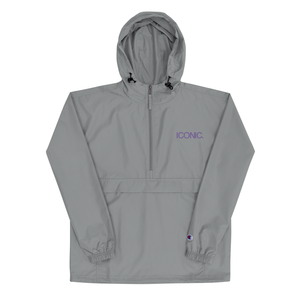 CHAMPION + ROYAL ICONIC. | Embroidered Logo Unisex Hooded Packable Windbreaker Lite Coaches Jacket Graphite Grey w/ Purple Logo