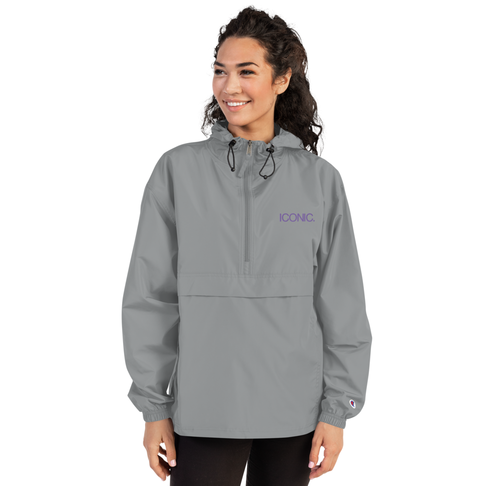 CHAMPION + ROYAL ICONIC. | Embroidered Logo Unisex Hooded Packable Windbreaker Lite Coaches Jacket Graphite Grey w/ Purple Logo