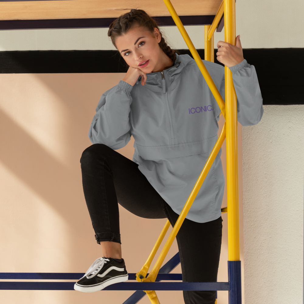 CHAMPION + ROYAL ICONIC. | Embroidered Logo Unisex Hooded Packable Windbreaker Lite Coaches Jacket Graphite Grey w/ Purple Logo