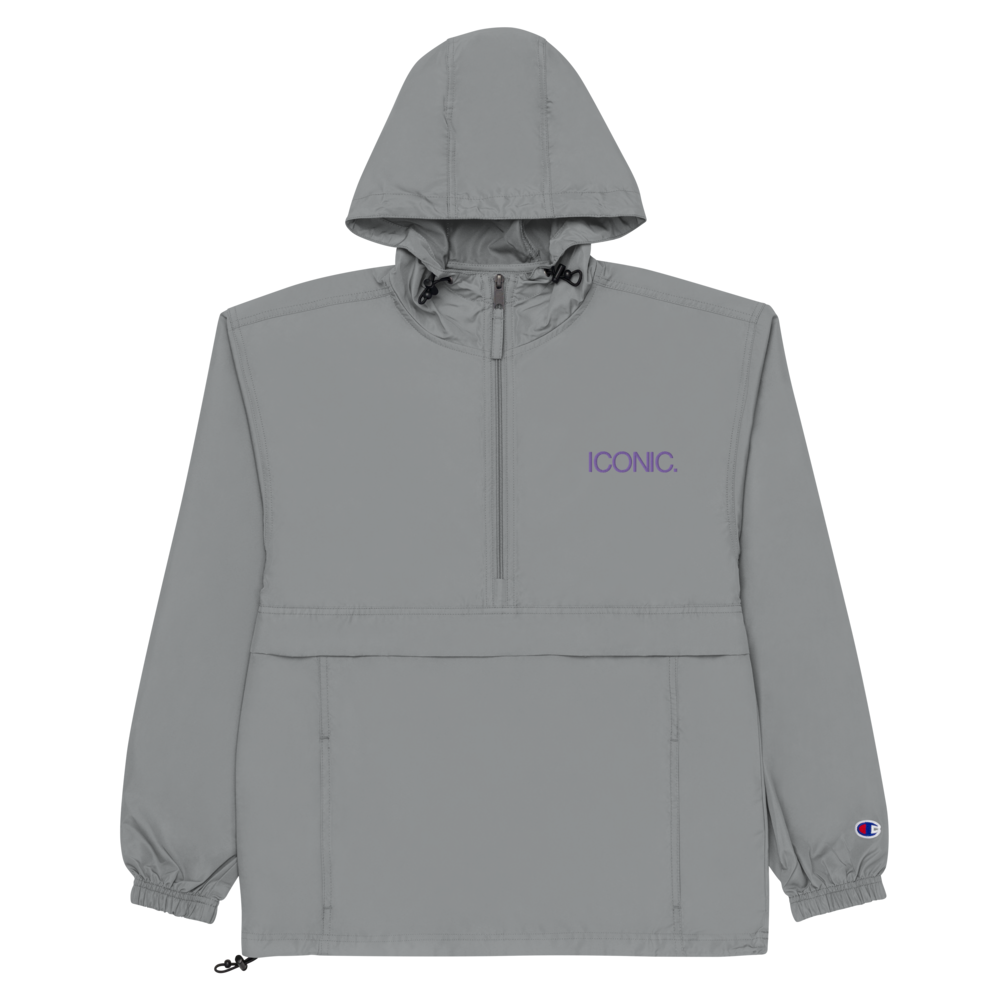 CHAMPION + ROYAL ICONIC. | Embroidered Logo Unisex Hooded Packable Windbreaker Lite Coaches Jacket Graphite Grey w/ Purple Logo
