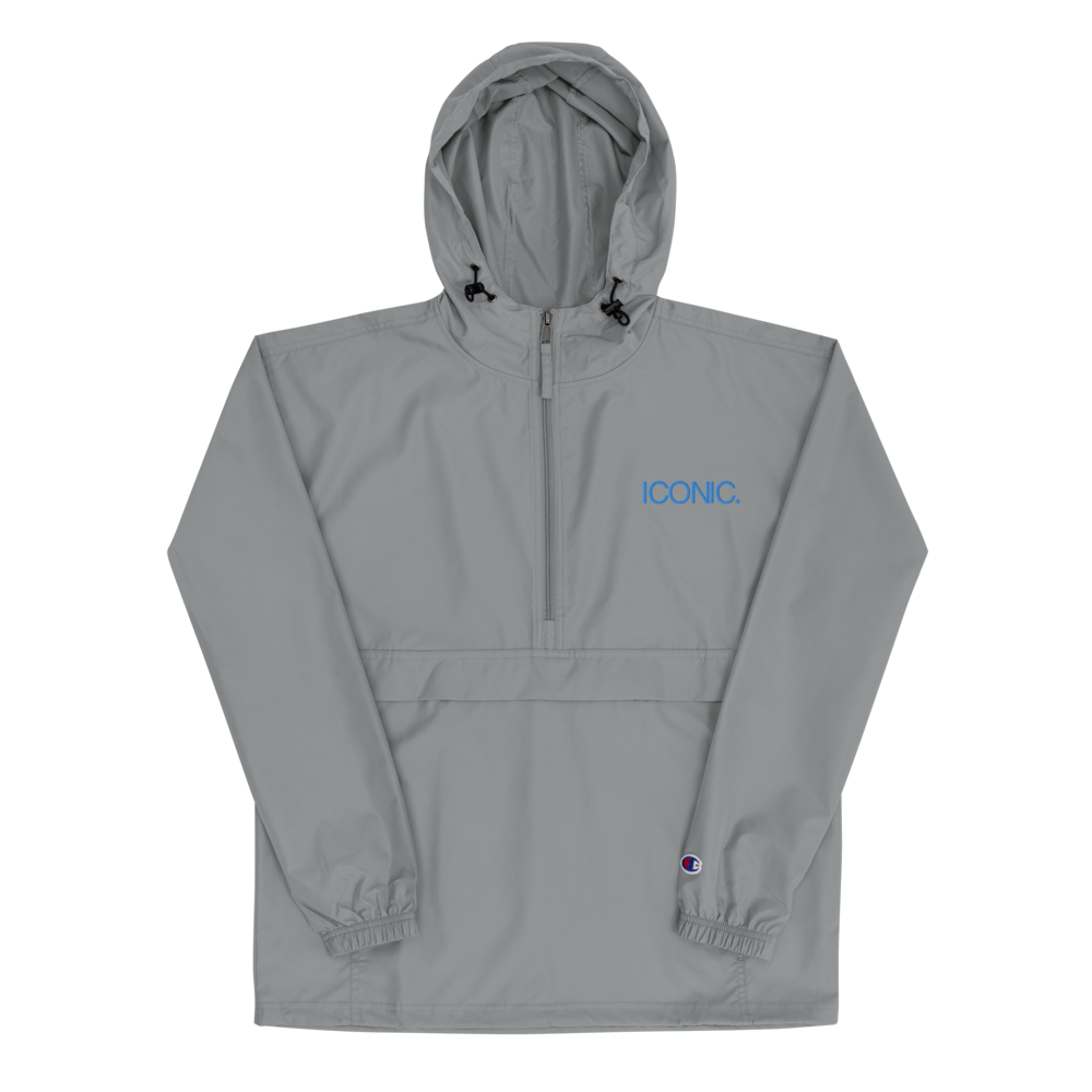 CHAMPION + ROYAL ICONIC. | Embroidered Logo Unisex Hooded Packable Windbreaker Lite Coaches Jacket Graphite Grey w/ Teal Logo