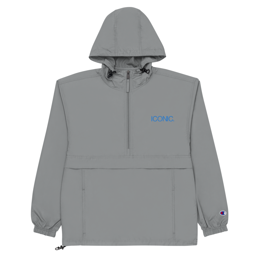 CHAMPION + ROYAL ICONIC. | Embroidered Logo Unisex Hooded Packable Windbreaker Lite Coaches Jacket Graphite Grey w/ Teal Logo