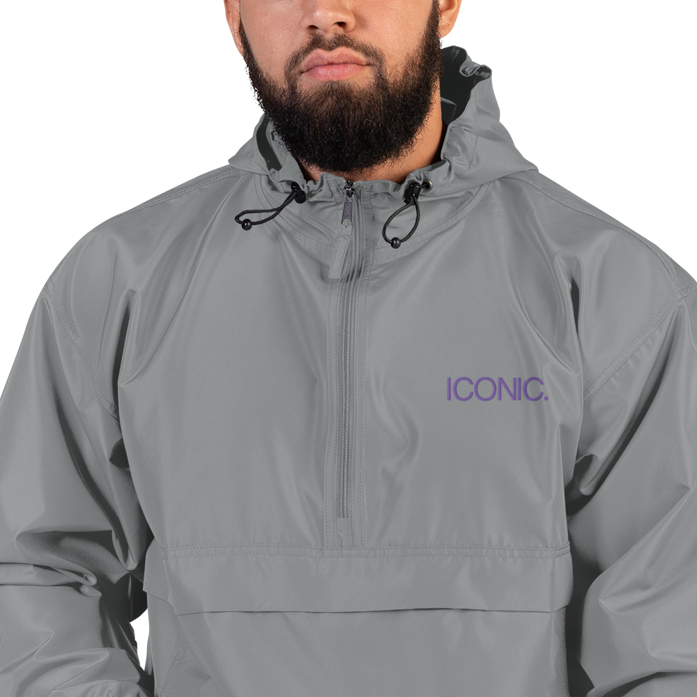 CHAMPION + ROYAL ICONIC. | Embroidered Logo Unisex Hooded Packable Windbreaker Lite Coaches Jacket Graphite Grey w/ Purple Logo