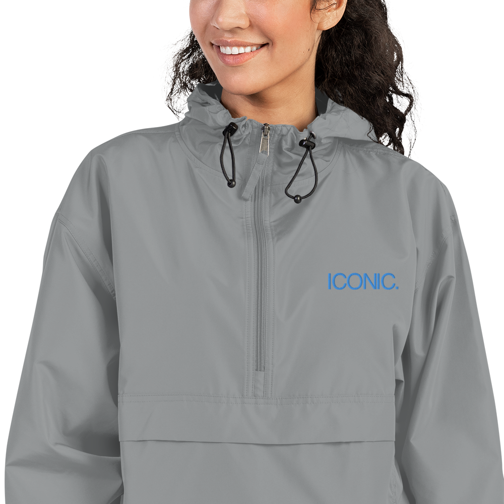 CHAMPION + ROYAL ICONIC. | Embroidered Logo Unisex Hooded Packable Windbreaker Lite Coaches Jacket Graphite Grey w/ Teal Logo