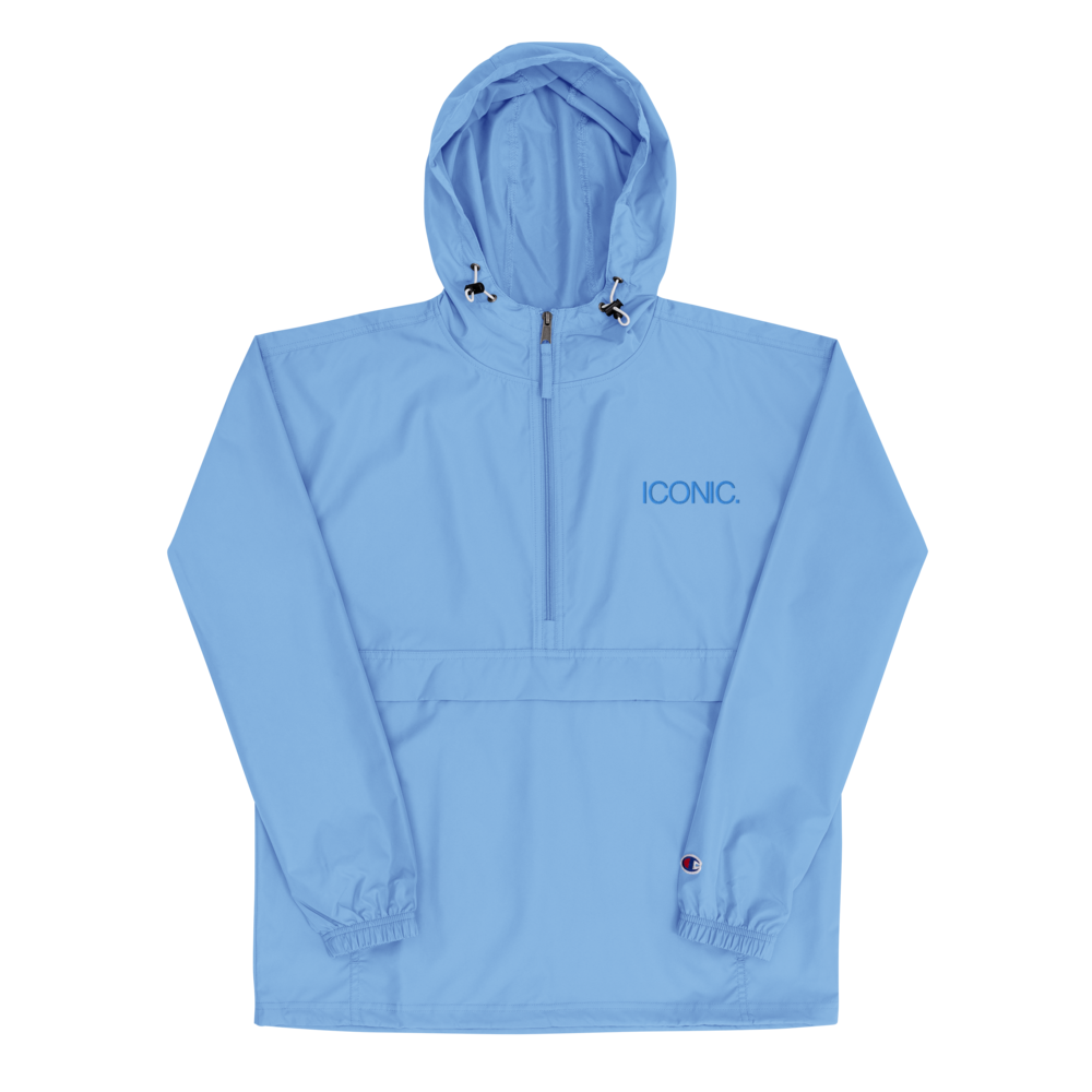 CHAMPION + ROYAL ICONIC. | Embroidered Logo Unisex Hooded Packable Windbreaker Coaches Jacket Water Blue w/ Teal Aqua Logo