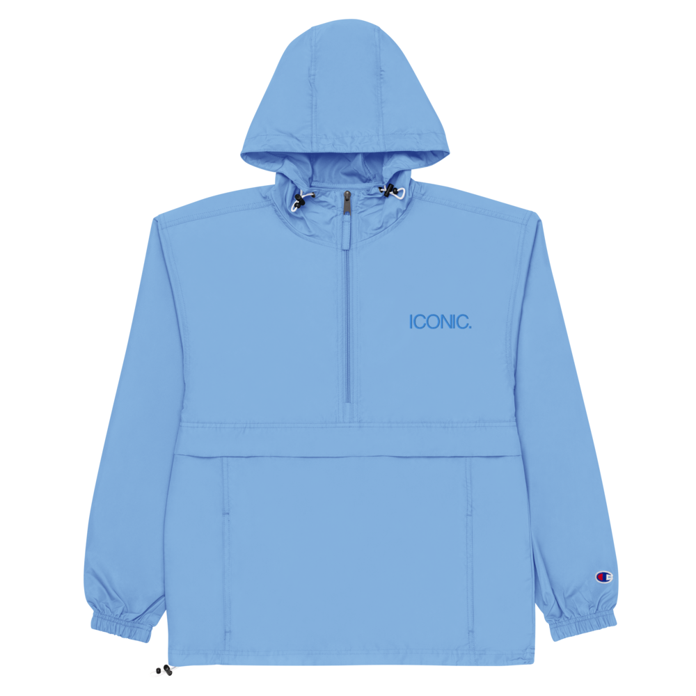 CHAMPION + ROYAL ICONIC. | Embroidered Logo Unisex Hooded Packable Windbreaker Coaches Jacket Water Blue w/ Teal Aqua Logo