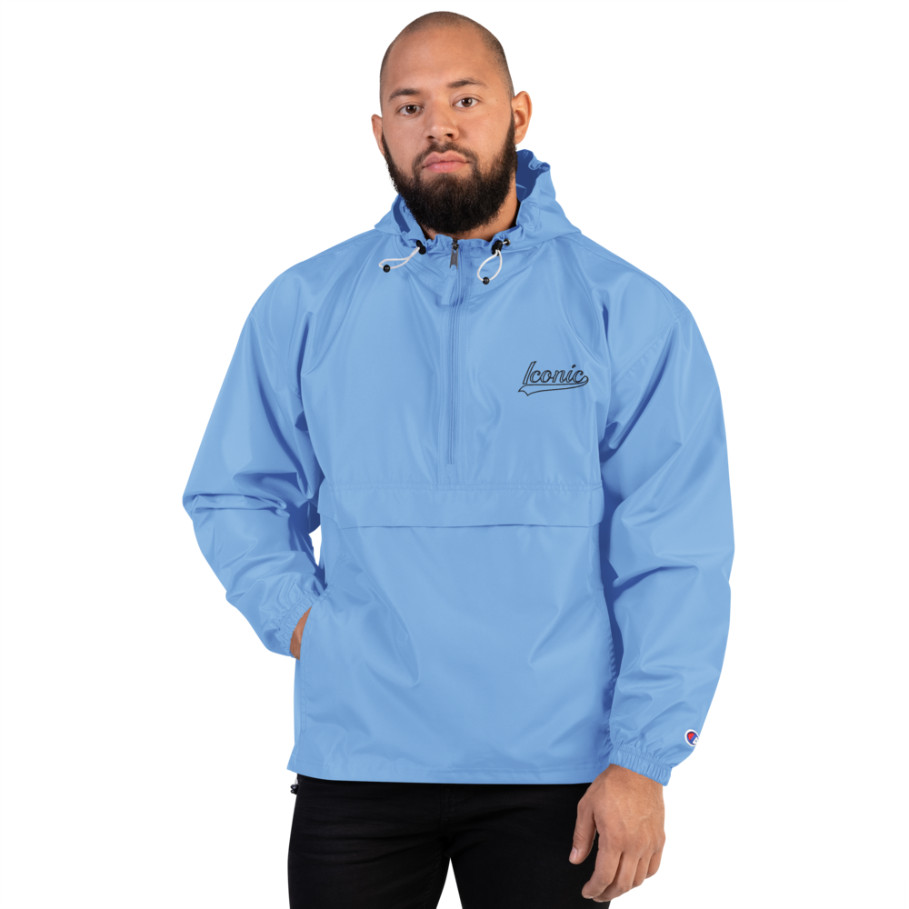 CHAMPION + ROYAL ICONIC. | Retro Embroidered Logo Unisex Hooded Packable Windbreaker Lite Coaches Jacket Blue Vintage Classic