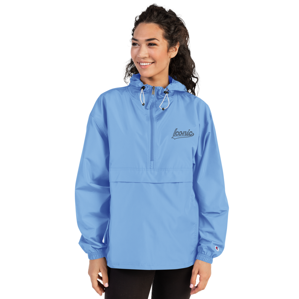 CHAMPION + ROYAL ICONIC. | Retro Embroidered Logo Unisex Hooded Packable Windbreaker Lite Coaches Jacket Blue Vintage Classic