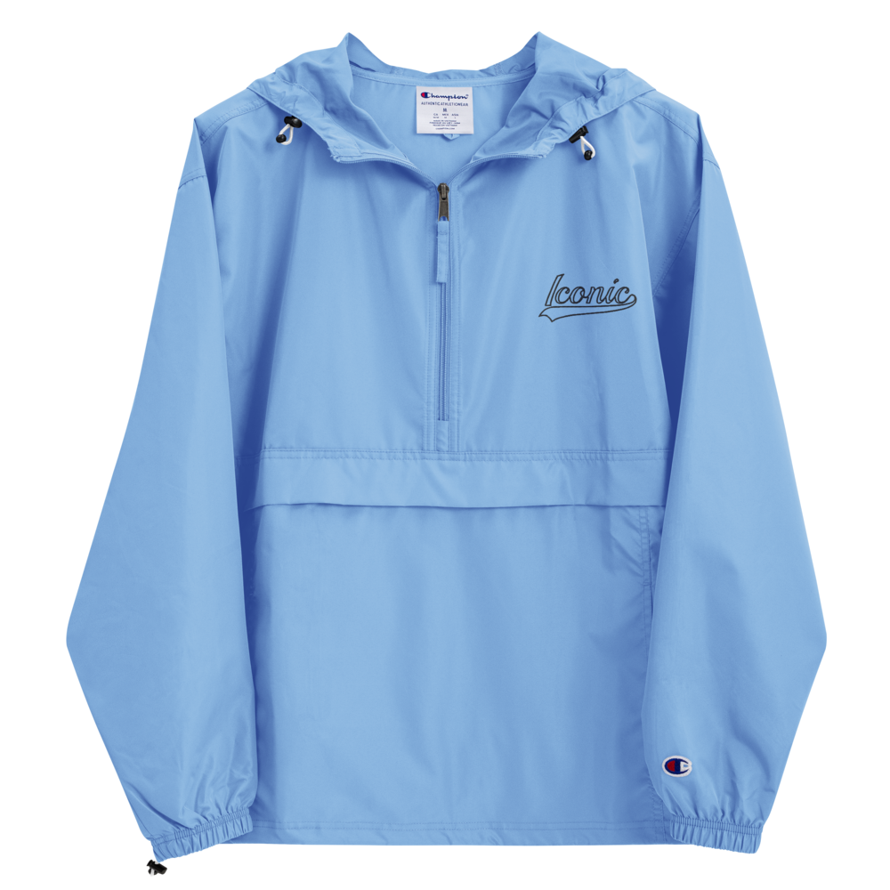 CHAMPION + ROYAL ICONIC. | Retro Embroidered Logo Unisex Hooded Packable Windbreaker Lite Coaches Jacket Blue Vintage Classic