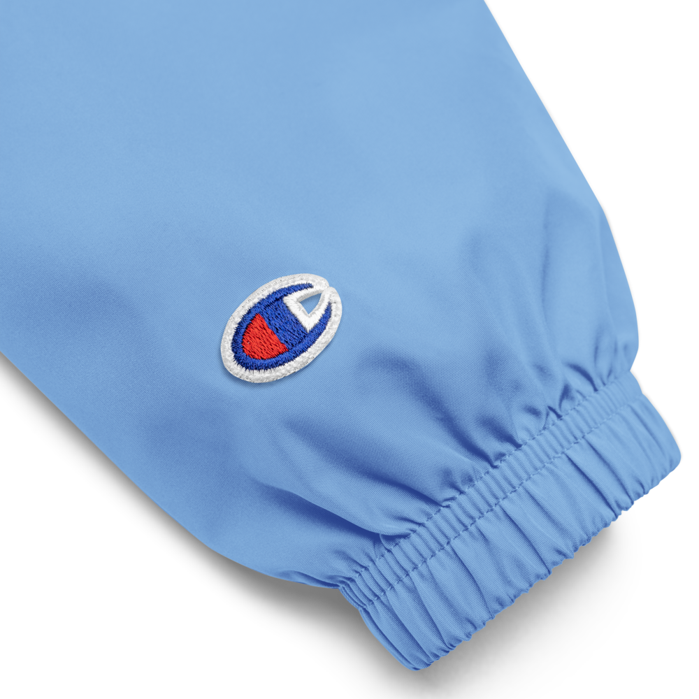 CHAMPION + ROYAL ICONIC. | Retro Embroidered Logo Unisex Hooded Packable Windbreaker Lite Coaches Jacket Blue Vintage Classic