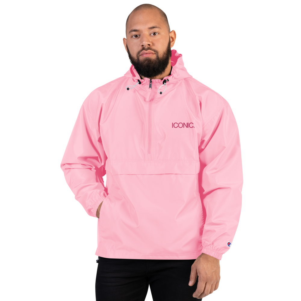 CHAMPION + ROYAL ICONIC. | Embroidered Logo Unisex Hooded Packable Windbreaker Coaches Jacket Candy Pink w/ Flamingo Logo