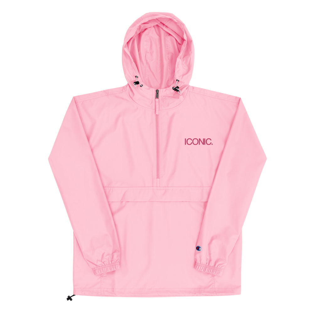 CHAMPION + ROYAL ICONIC. | Embroidered Logo Unisex Hooded Packable Windbreaker Coaches Jacket Candy Pink w/ Flamingo Logo