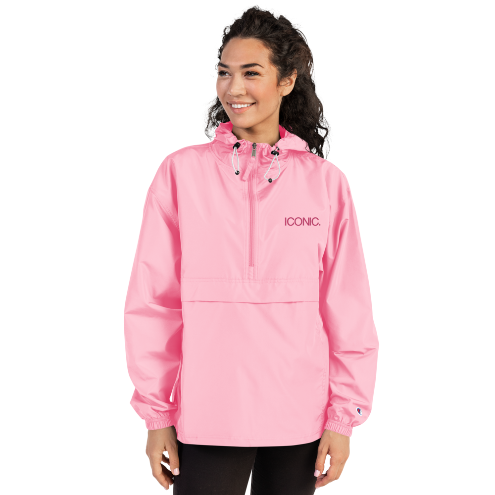 CHAMPION + ROYAL ICONIC. | Embroidered Logo Unisex Hooded Packable Windbreaker Coaches Jacket Candy Pink w/ Flamingo Logo
