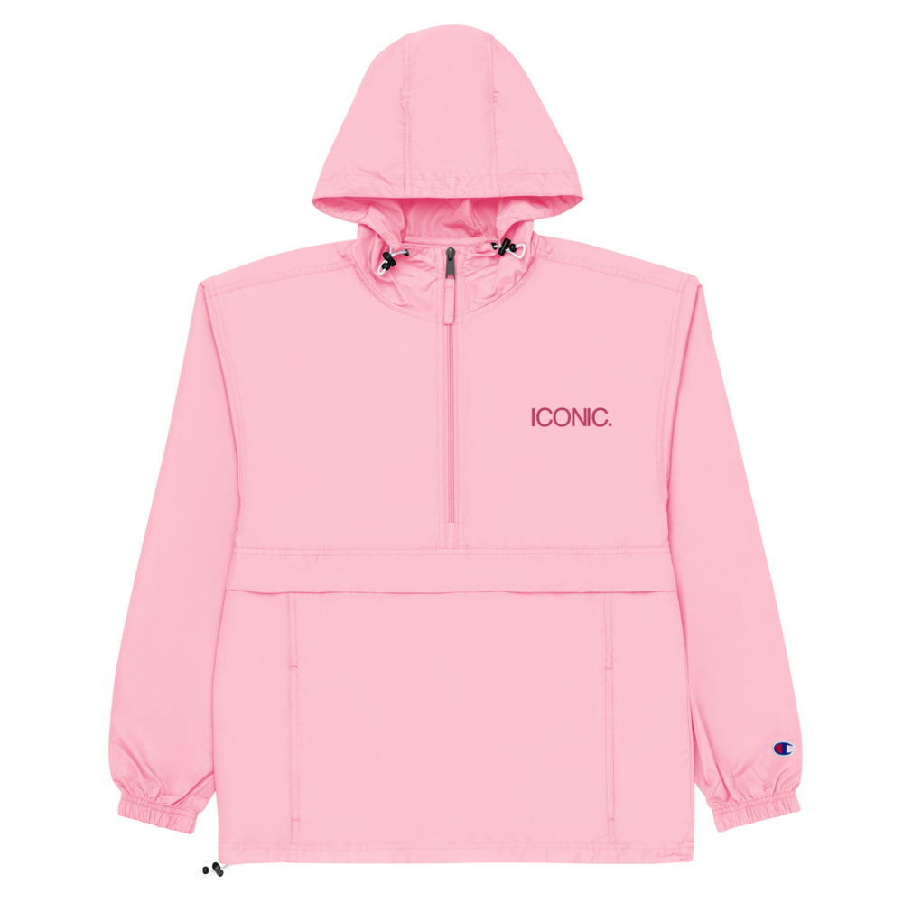 CHAMPION + ROYAL ICONIC. | Embroidered Logo Unisex Hooded Packable Windbreaker Coaches Jacket Candy Pink w/ Flamingo Logo