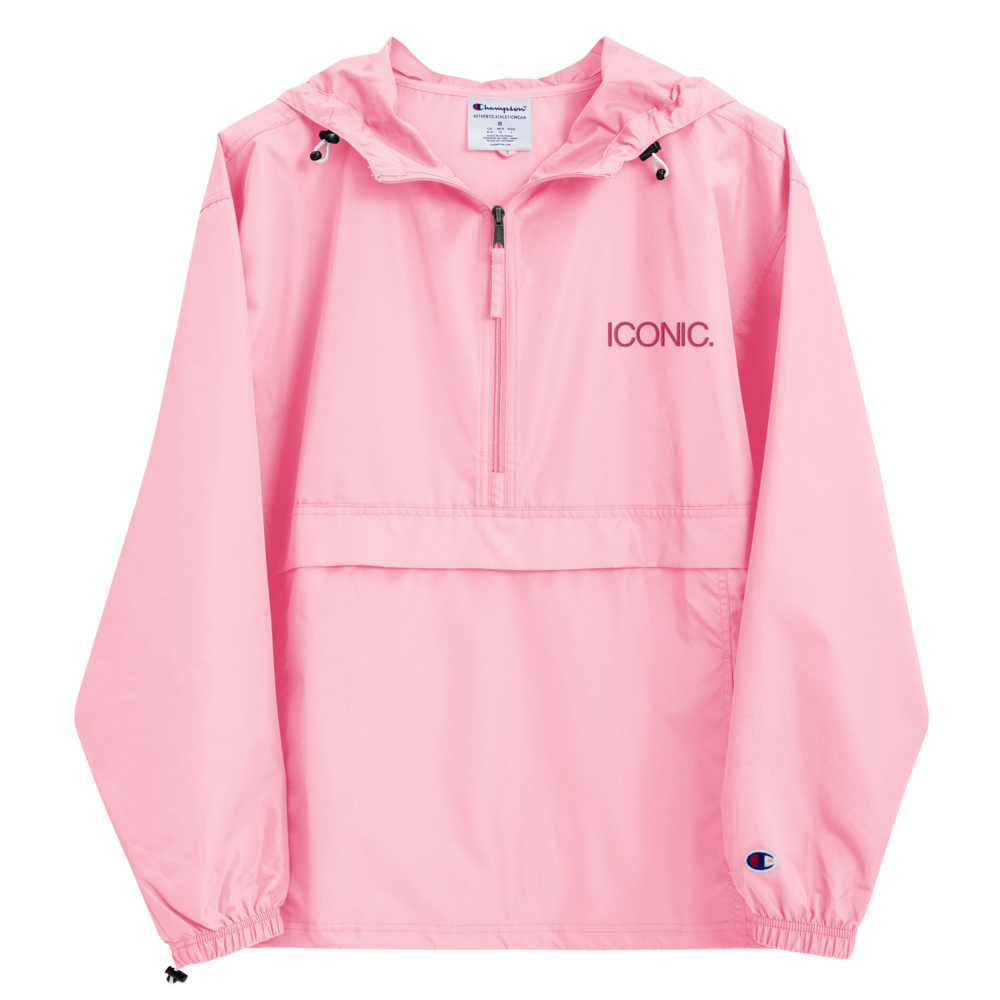 CHAMPION + ROYAL ICONIC. | Embroidered Logo Unisex Hooded Packable Windbreaker Coaches Jacket Candy Pink w/ Flamingo Logo