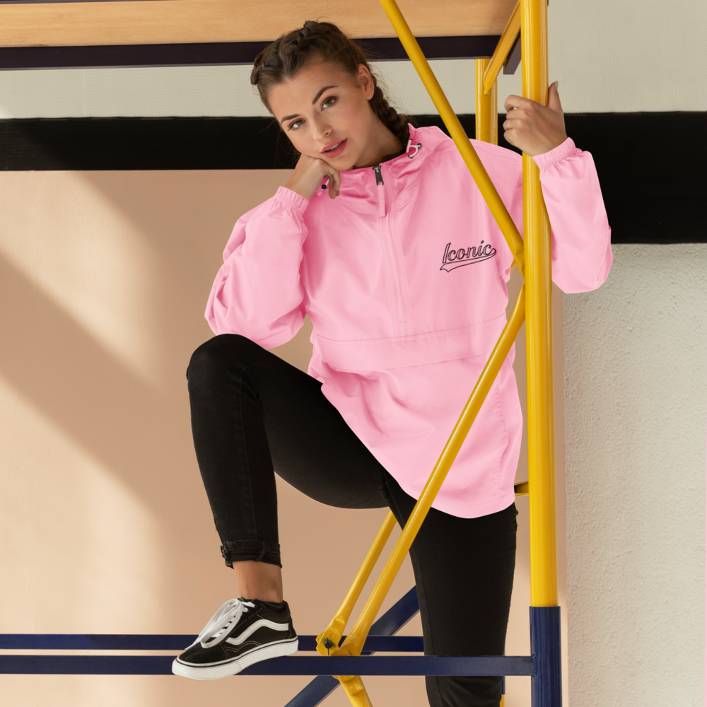 CHAMPION + ROYAL ICONIC. | Retro Embroidered Logo Unisex Hooded Packable Windbreaker Lite Coaches Jacket Flamingo Pink Vintage Classic
