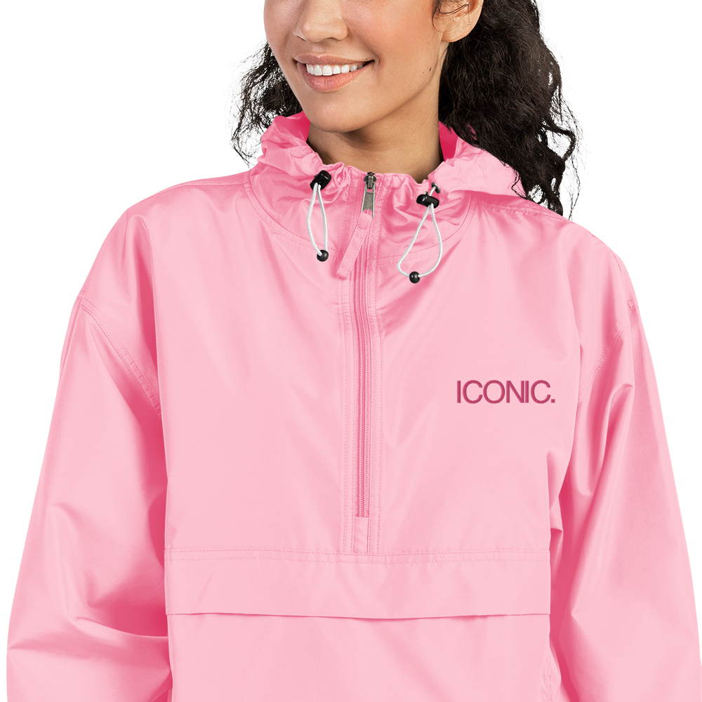 CHAMPION + ROYAL ICONIC. | Embroidered Logo Unisex Hooded Packable Windbreaker Coaches Jacket Candy Pink w/ Flamingo Logo