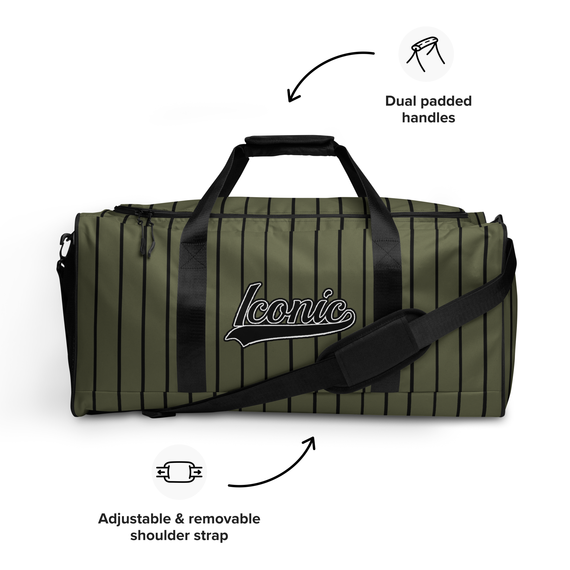 ROYAL Team Iconic. Athletix Duffle Duffel Bag Pinstripe Martini Olive and Blk