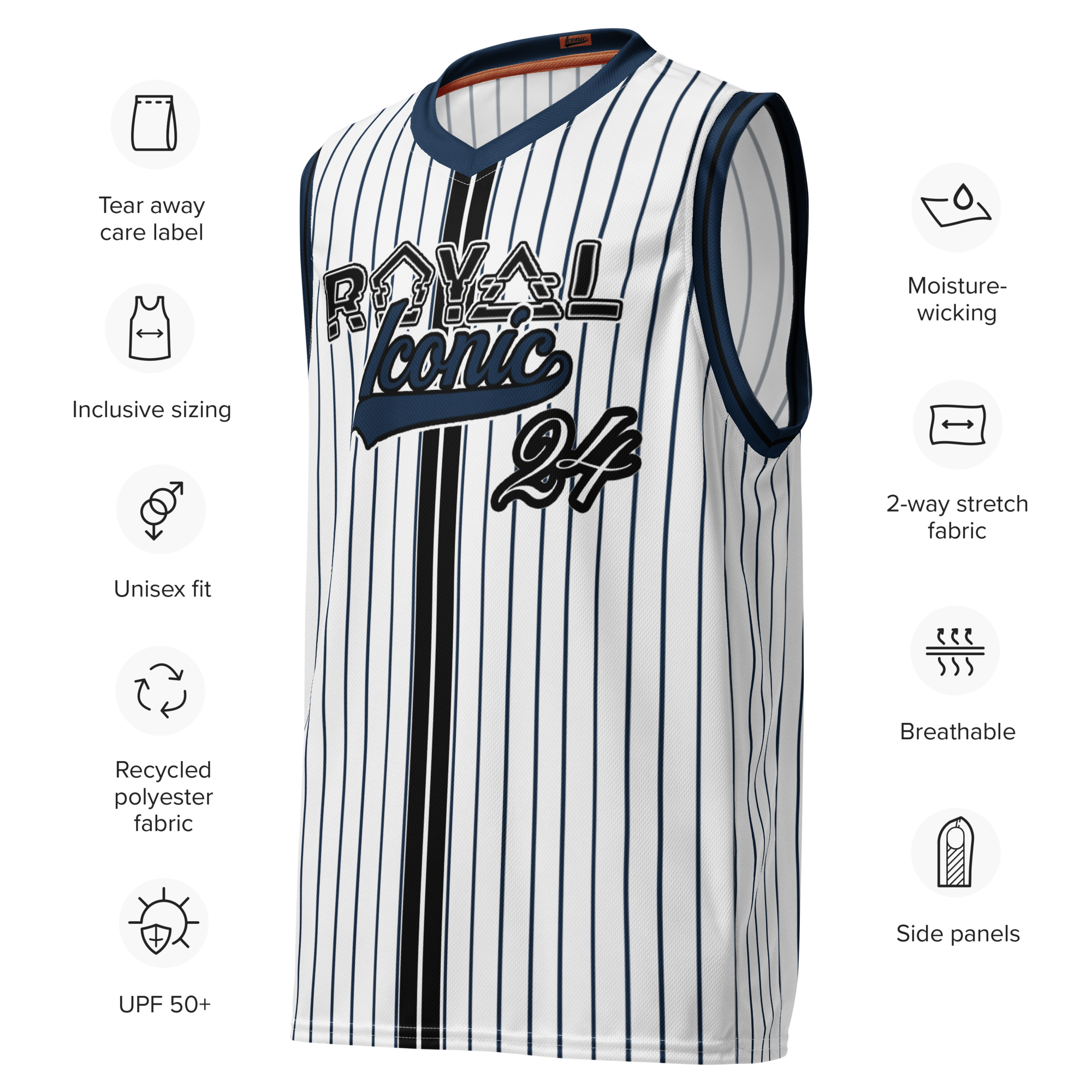 ROYAL Team Iconic. unisex basketball jersey Pinstripe Wh and Navy