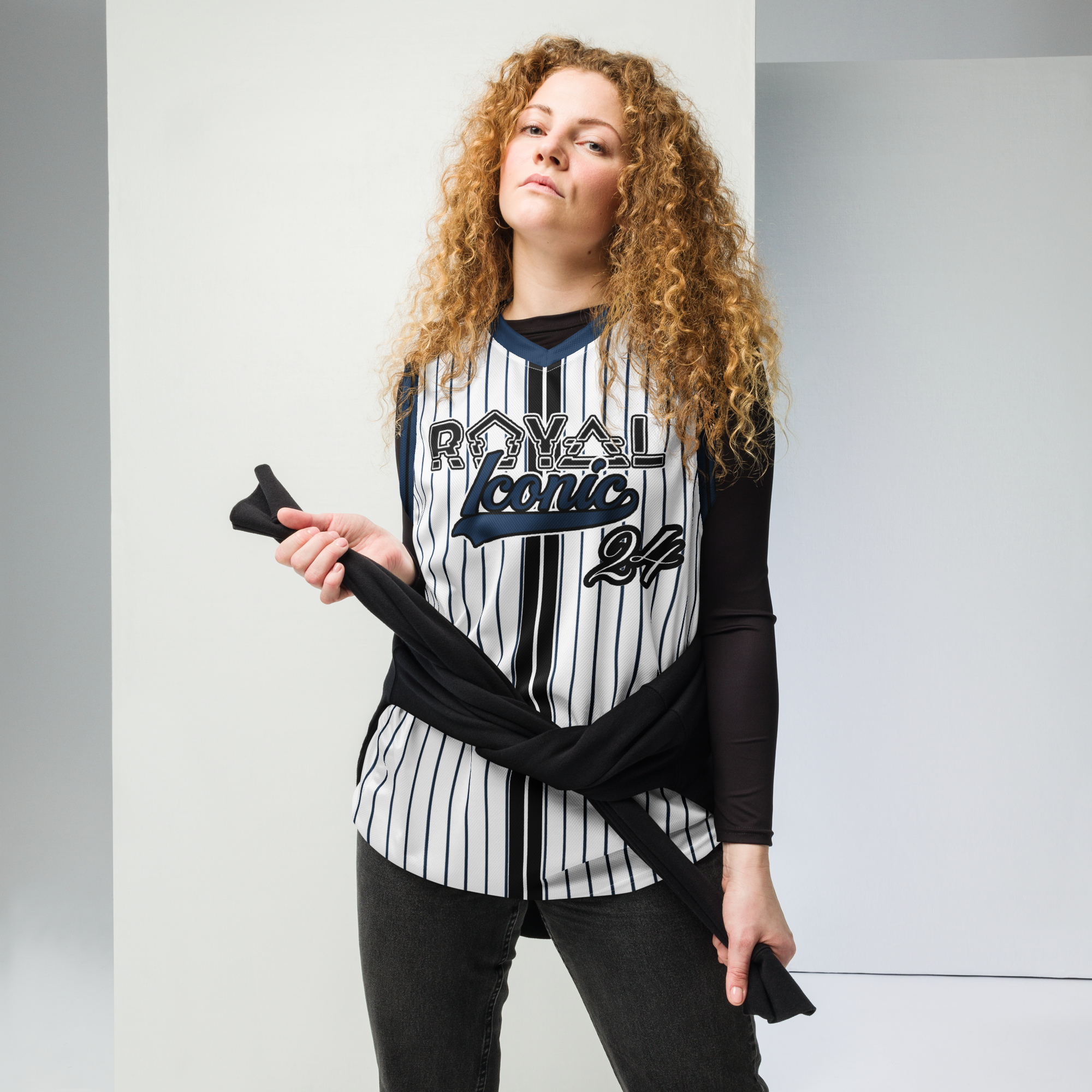 ROYAL Team Iconic. unisex basketball jersey Pinstripe Wh and Navy