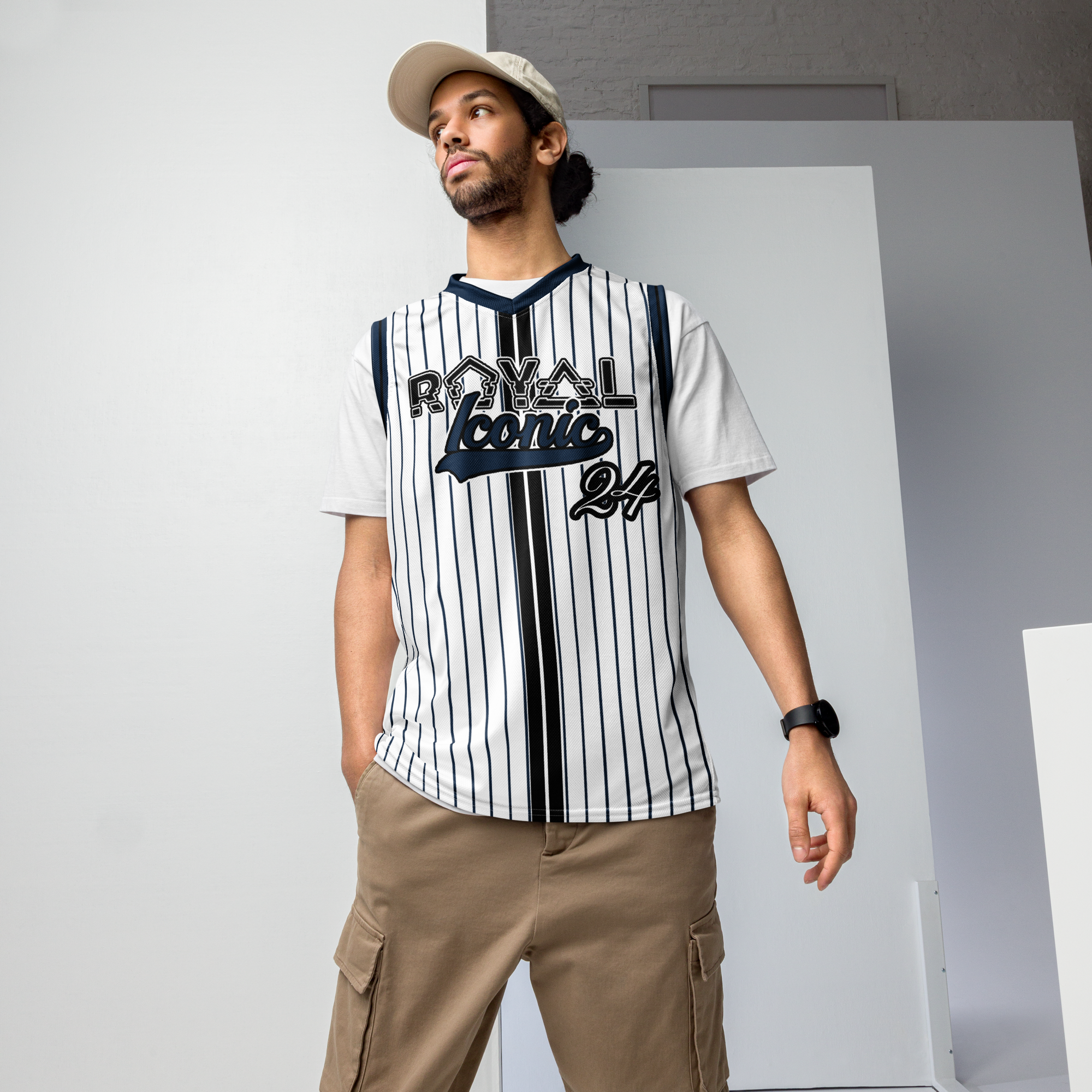 ROYAL Team Iconic. unisex basketball jersey Pinstripe Wh and Navy