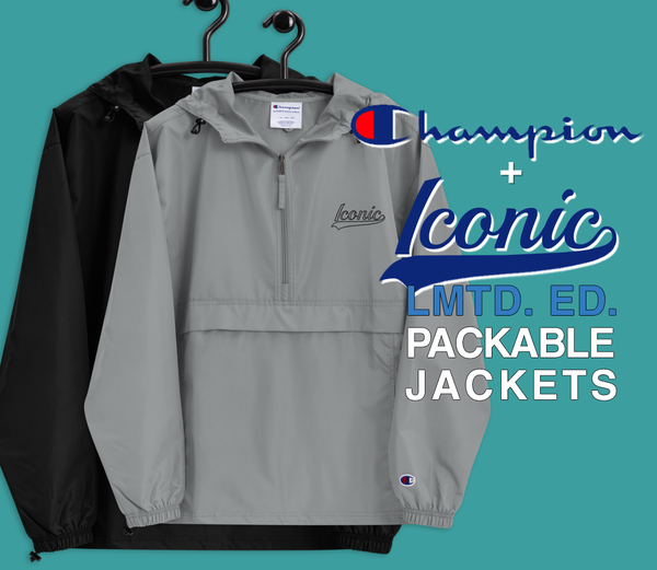 CHAMPION + ROYAL ICONIC. | Retro Embroidered Logo Unisex Hooded Packable Windbreaker Lite Coaches Jacket Grey Vintage Classic & Black White