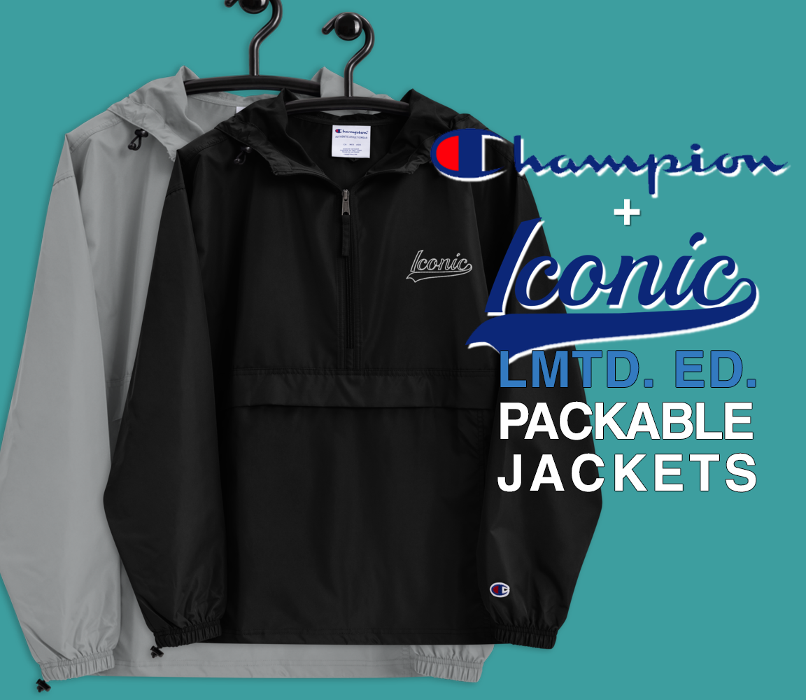 CHAMPION + ROYAL ICONIC. | Retro Embroidered Logo Unisex Hooded Packable Windbreaker Lite Coaches Jacket Grey Vintage Classic & Black White