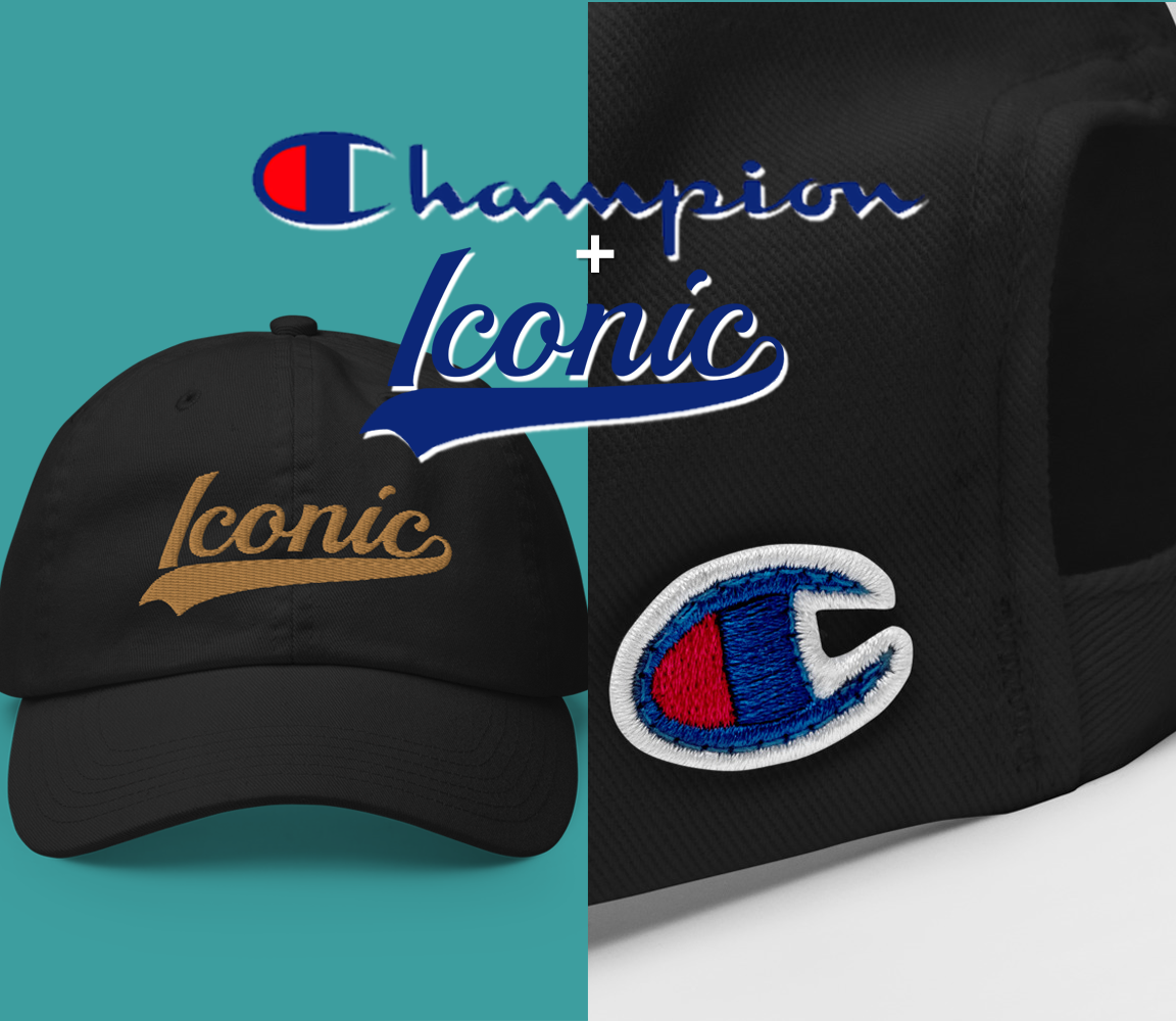 CHAMPION + ROYAL ICONIC. | Embroidered Logo Unisex Classic Cap Dad Hat Mom Cap Black w/ Ol' Gold Peanut Butter Thread Retro Baseball Logo