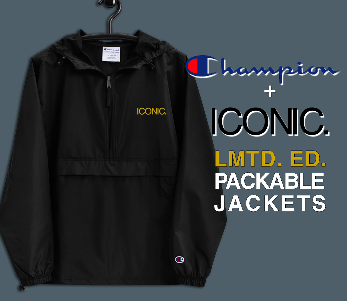 CHAMPION + ROYAL ICONIC. | Embroidered Logo Unisex Hooded Packable Windbreaker Lite Coaches Jacket Black w/ Gold Logo