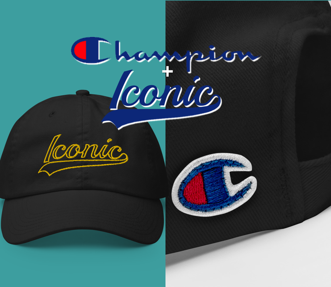 CHAMPION + ROYAL ICONIC. | Retro Embroidered Logo Unisex Classic Cap Dad Hat Mom Cap Black w/ Gold Classic Baseball Logo Pink Blue Option