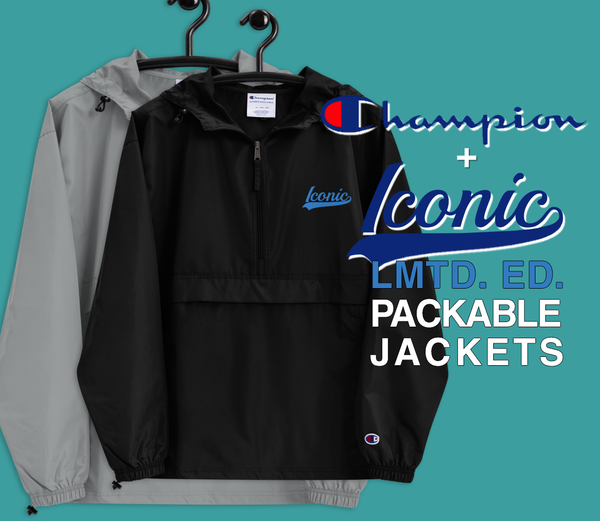 CHAMPION + ROYAL ICONIC. | Embroidered Logo Unisex Hooded Packable Windbreaker Lite Coaches Jacket Black w/ Teal Aqua Retro Baseball Logo