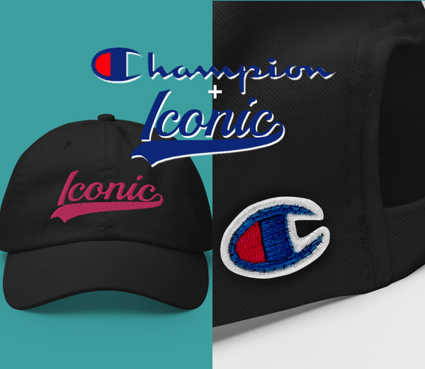CHAMPION + ROYAL ICONIC. | Embroidered Logo Unisex Classic Cap Dad Hat Mom Cap Black w/ Pretty in Pink Thread Retro Baseball Logo
